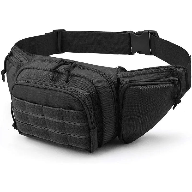 A black tactical multifunctional waist bag with an adjustable strap, shown on a waist.