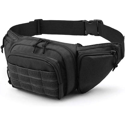 A black tactical multifunctional waist bag with an adjustable strap, shown on a waist.