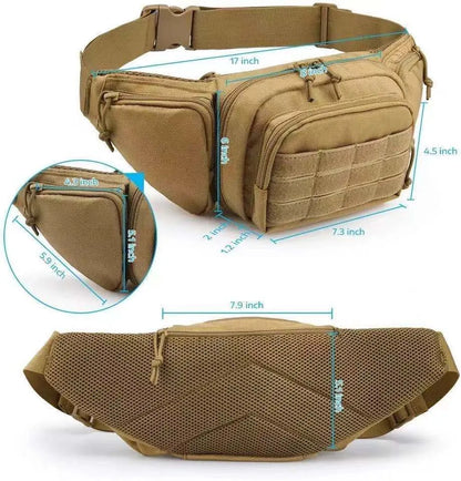 A black tactical multifunctional waist bag with an adjustable strap, shown on a waist.
