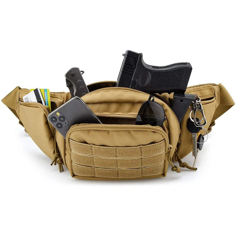 Men's tactical multifunctional storage waist bag, a unisex belt bag with shoulder strap flexibility and moderate capacity in black or khaki for outdoor travel, hiking, and urban carry.