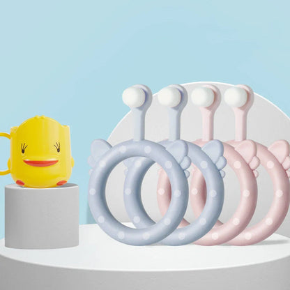 Infant children's soft silicone toothbrush set in blue, pink, and green for safe gum care