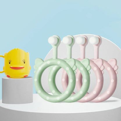 Infant children's soft silicone toothbrush set in blue, pink, and green for safe gum care