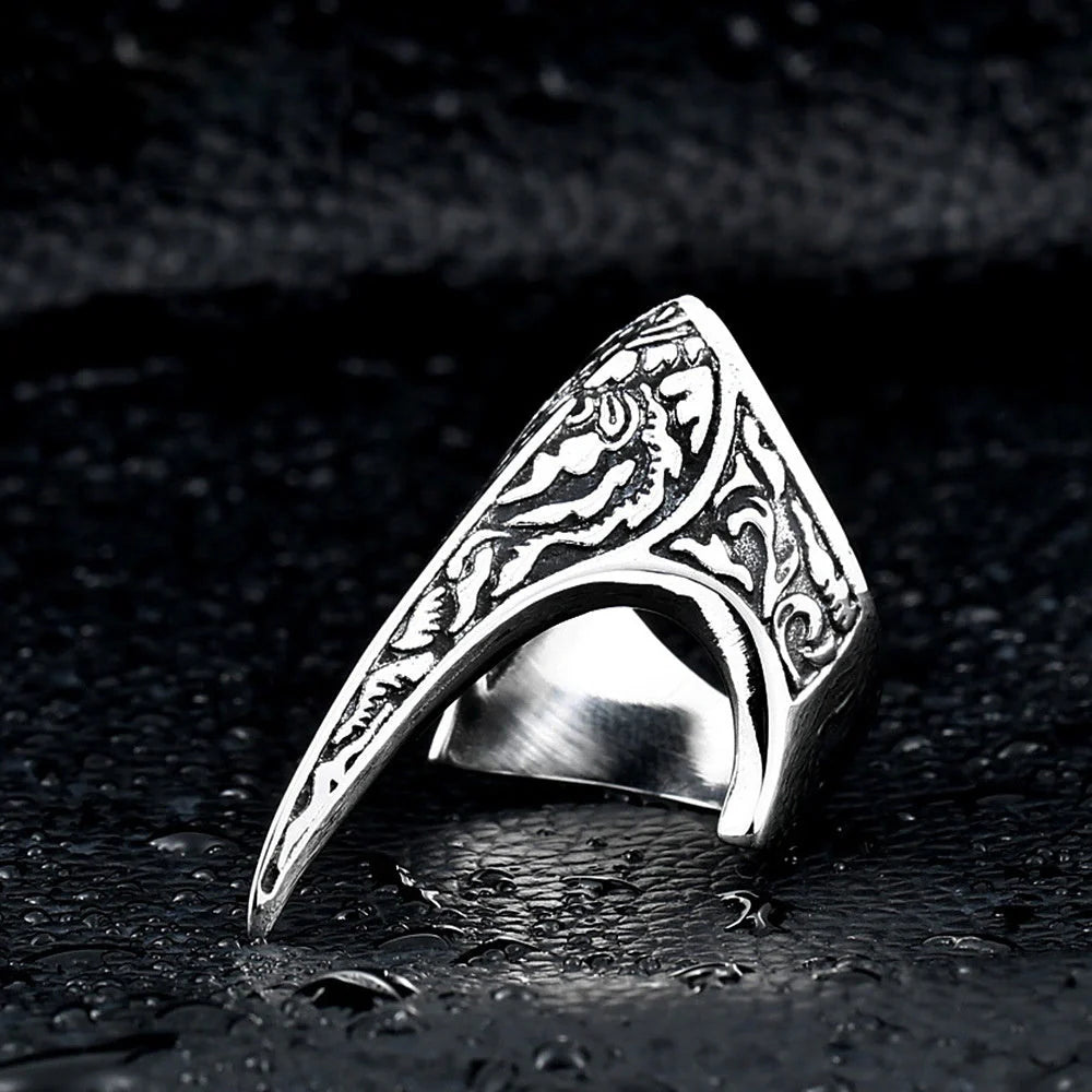 Men's Nordic Raven Titanium Steel Carved Ring - Bold Viking Jewelry