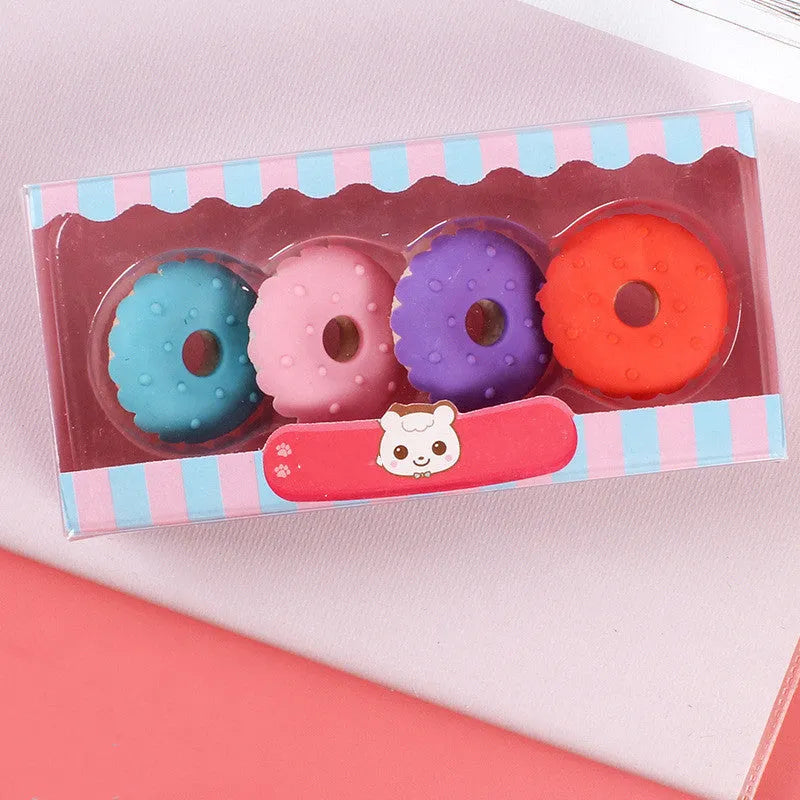Cartoon eraser set for kindergarten children with food designs including ice cream cones and donuts