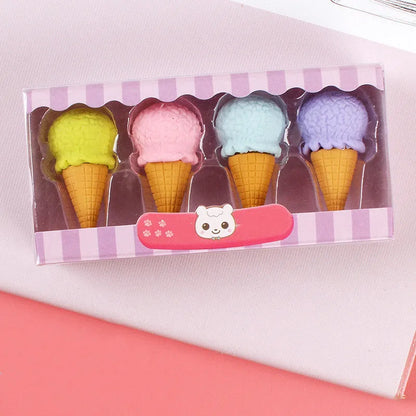 Cartoon eraser set for kindergarten children with food designs including ice cream cones and donuts