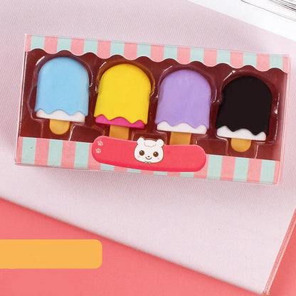 Cartoon eraser set for kindergarten children with food designs including ice cream cones and donuts