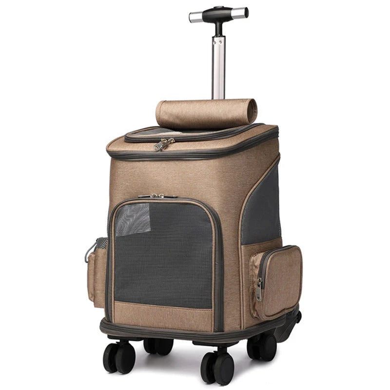 Portable Pet Carrier Backpack with Wheeled Trolley - Secure, Comfortable, and Stylish Travel Solution for Cats and Small Dogs