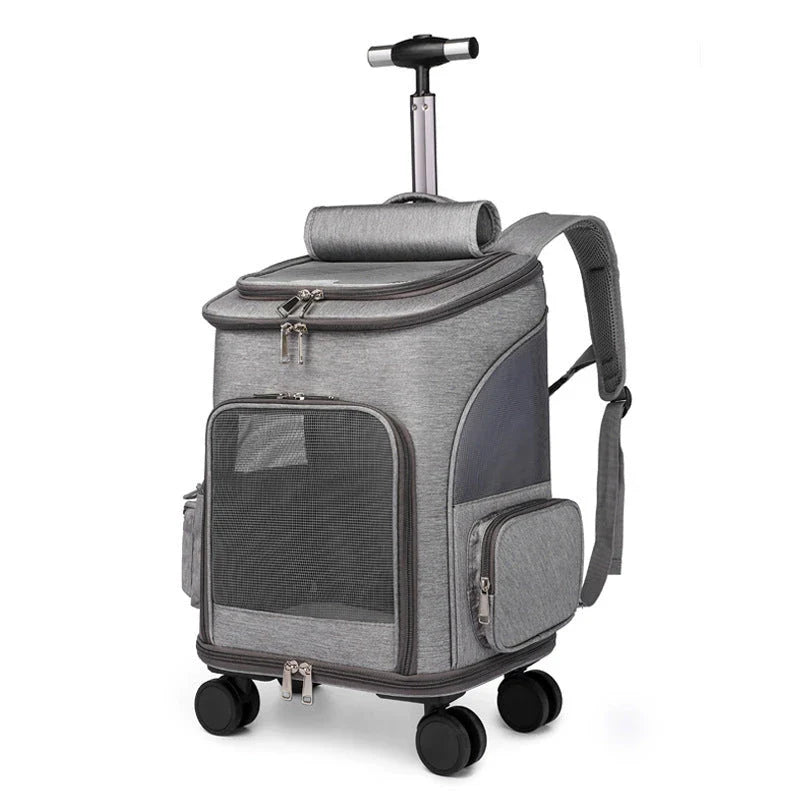 Portable Pet Carrier Backpack with Wheeled Trolley - Secure, Comfortable, and Stylish Travel Solution for Cats and Small Dogs