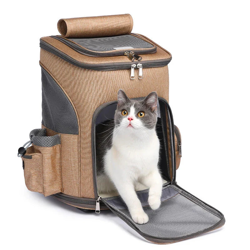 Portable Pet Carrier Backpack with Wheeled Trolley - Secure, Comfortable, and Stylish Travel Solution for Cats and Small Dogs