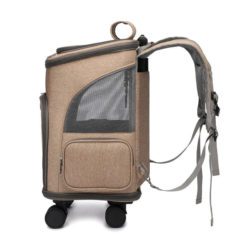 Portable Pet Carrier Backpack with Wheeled Trolley - Secure, Comfortable, and Stylish Travel Solution for Cats and Small Dogs