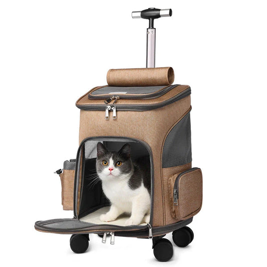 Portable Pet Carrier Backpack with Wheeled Trolley - Secure, Comfortable, and Stylish Travel Solution for Cats and Small Dogs
