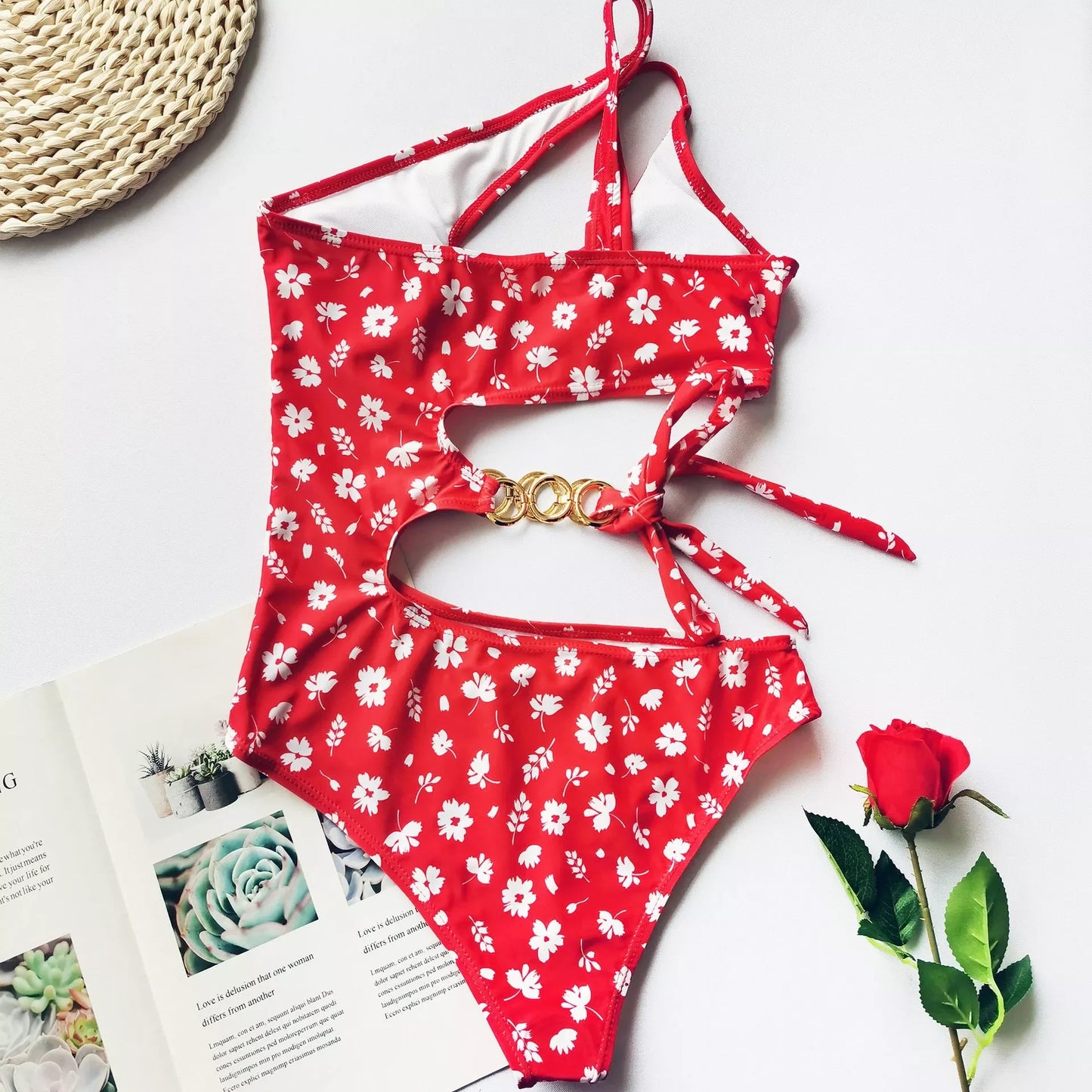 Split Small Floral One-Piece Bikini with irregular stitching and high elasticity fabric