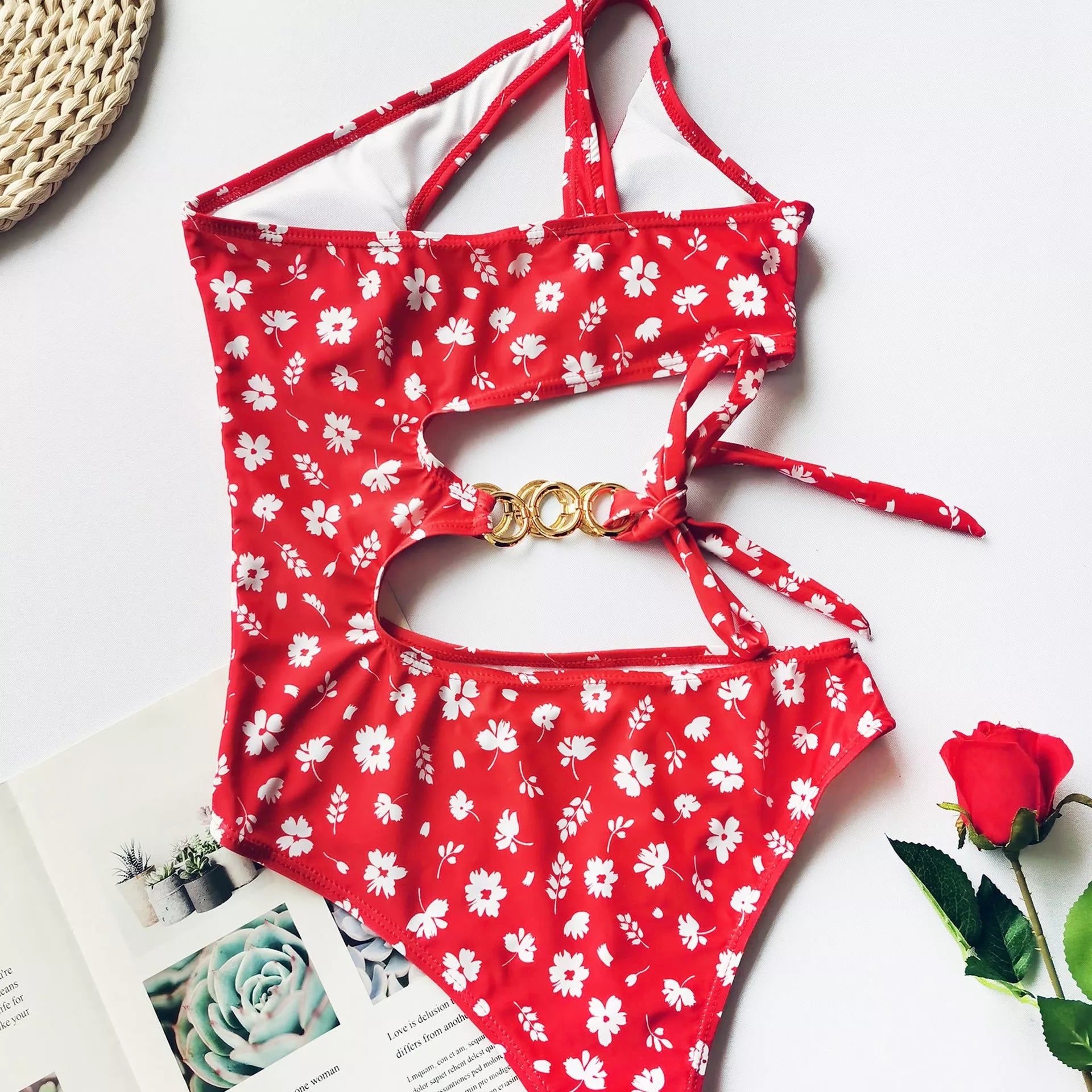 Split Small Floral One-Piece Bikini with irregular stitching and high elasticity fabric