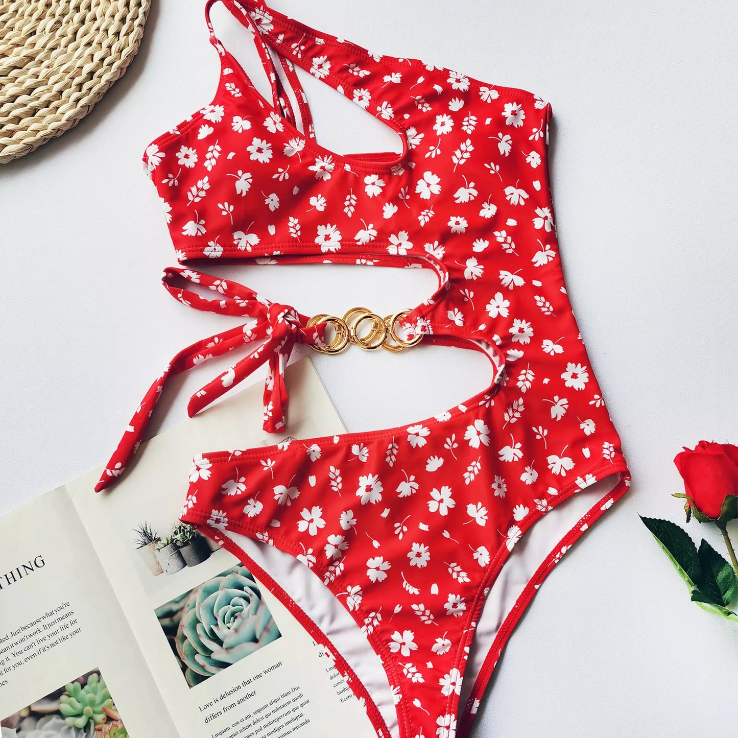 Split Small Floral One-Piece Bikini with irregular stitching and high elasticity fabric