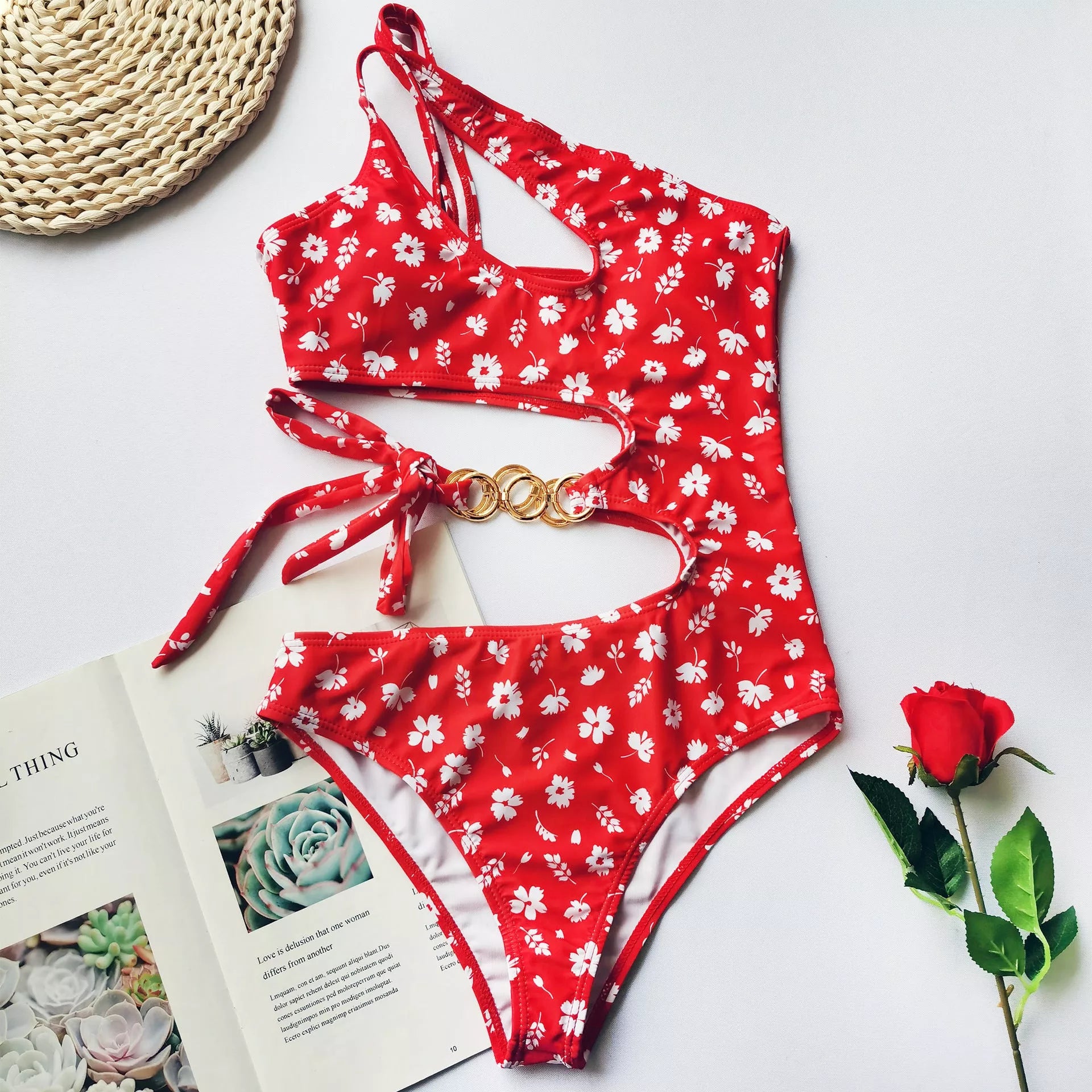 Split Small Floral One-Piece Bikini with irregular stitching and high elasticity fabric