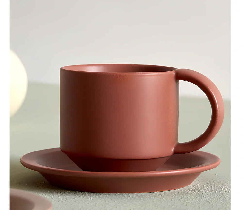 Nordic style velvet ceramic coffee mug with antique pink tray, 300ml capacity for office spill protection