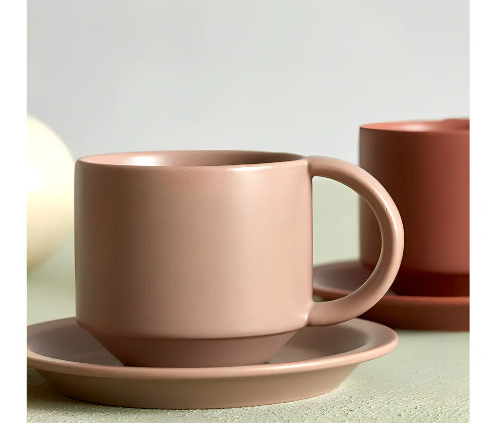 Nordic style velvet ceramic coffee mug with antique pink tray, 300ml capacity for office spill protection