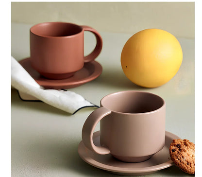 Nordic style velvet ceramic coffee mug with antique pink tray, 300ml capacity for office spill protection