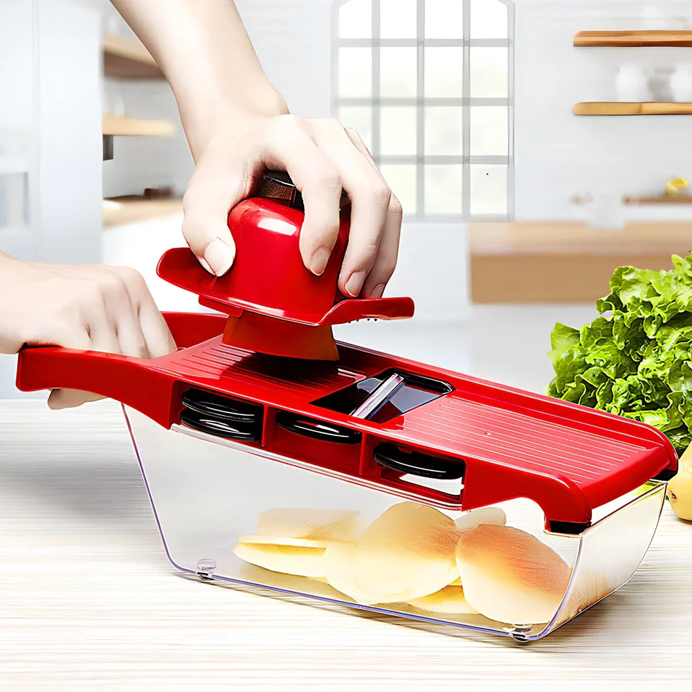 Multifunctional vegetable cutter grater with hand guard measuring 32x11.5x10cm