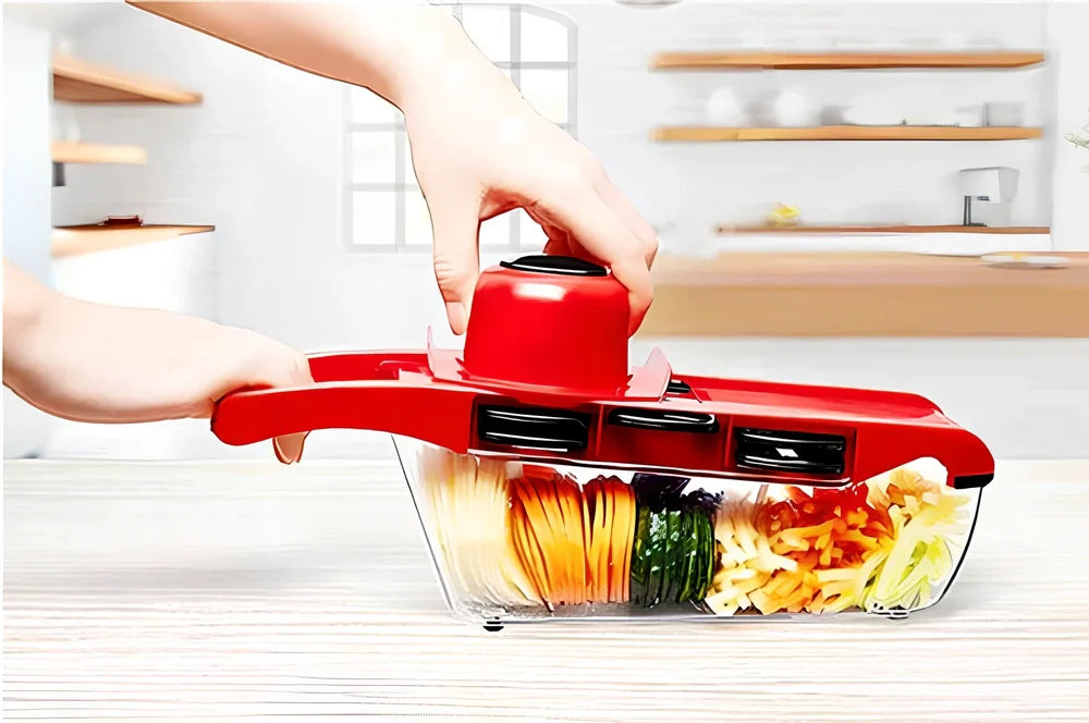 Multifunctional vegetable cutter grater with hand guard measuring 32x11.5x10cm