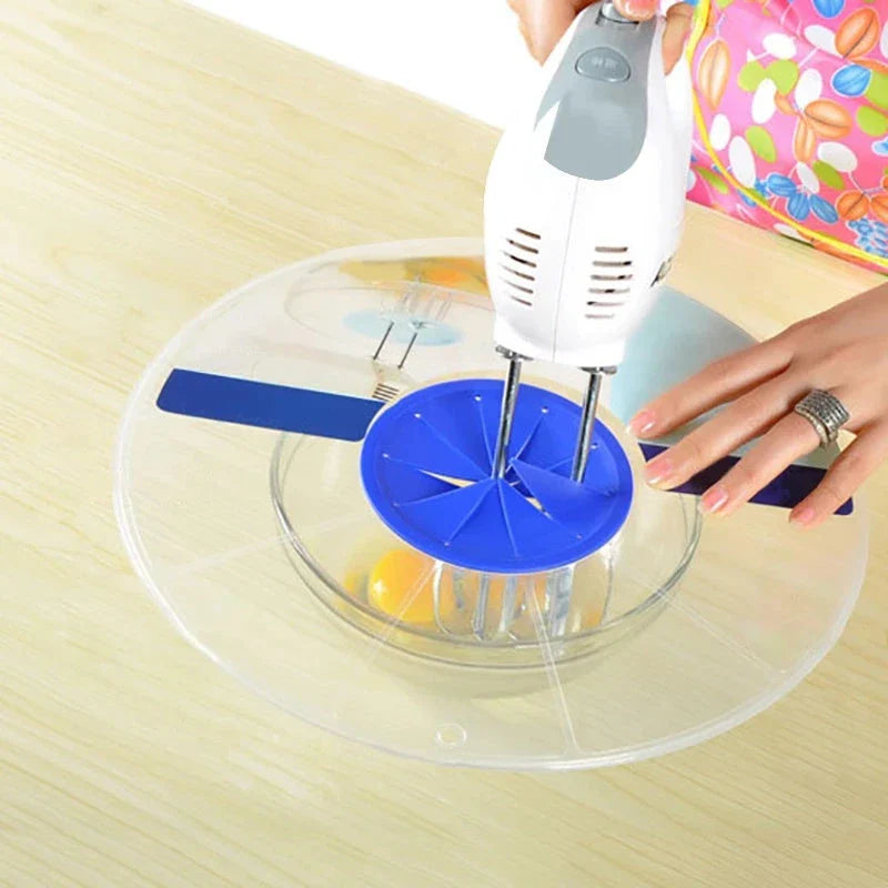 Splash-proof mixing bowl cover with flap for stand mixers to prevent kitchen messes during baking and cooking