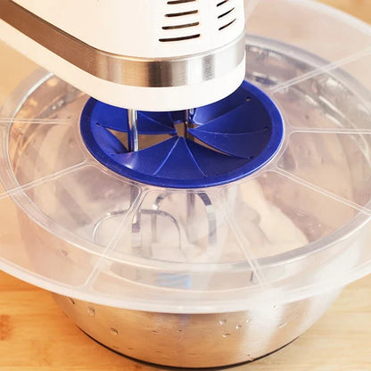 Splash-proof mixing bowl cover with flap for stand mixers to prevent kitchen messes during baking and cooking