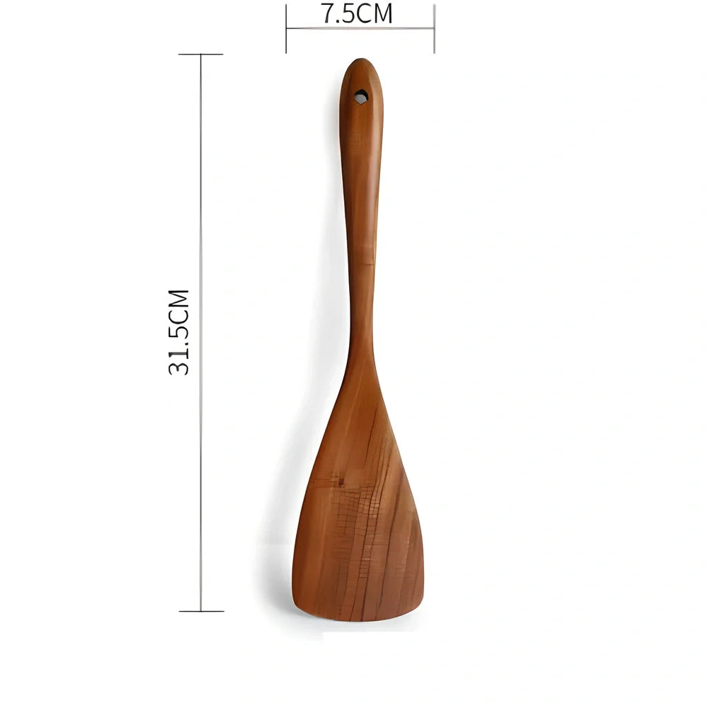 Teak wood kitchen utensil set with five tools including frying shovel, rice spoon, and soup spoons