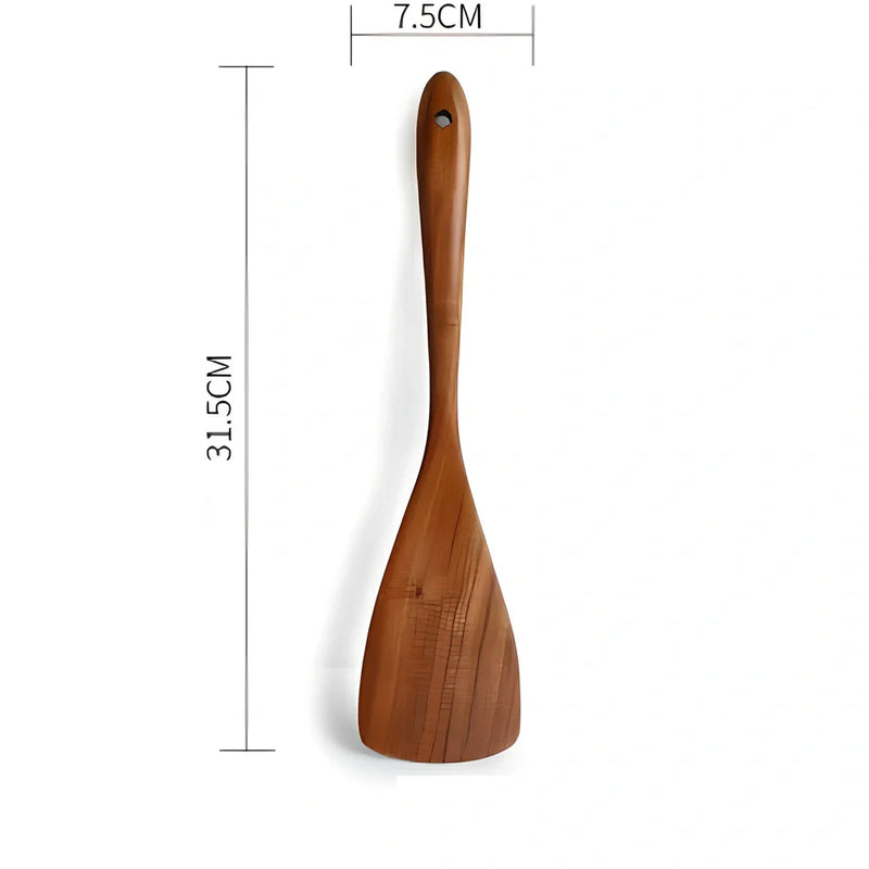 Teak wood kitchen utensil set featuring five essential tools with natural non-stick properties and heat-resistant handles up to 220°C for safe cooking