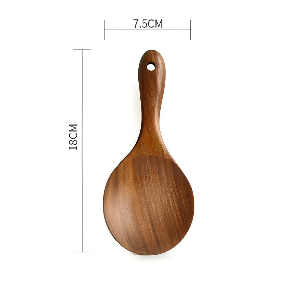 Teak wood kitchen utensil set with five tools including frying shovel, rice spoon, and soup spoons