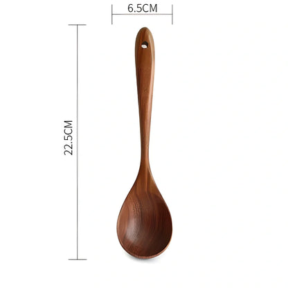 Teak wood kitchen utensil set with five tools including frying shovel, rice spoon, and soup spoons