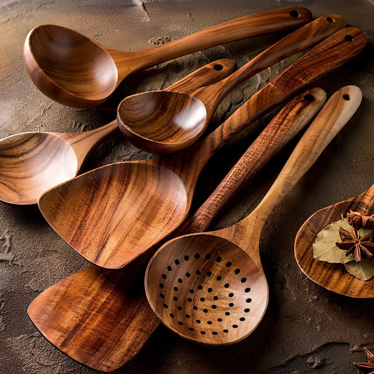 Teak wood kitchen utensil set with five tools including frying shovel, rice spoon, and soup spoons