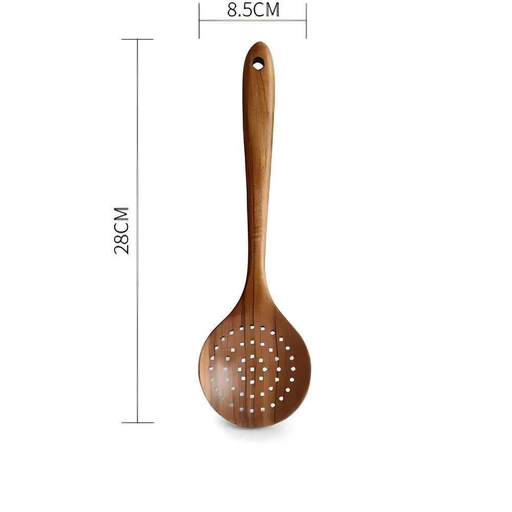 Teak wood kitchen utensil set with five tools including frying shovel, rice spoon, and soup spoons