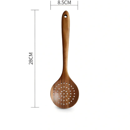 Teak wood kitchen utensil set with five tools including frying shovel, rice spoon, and soup spoons