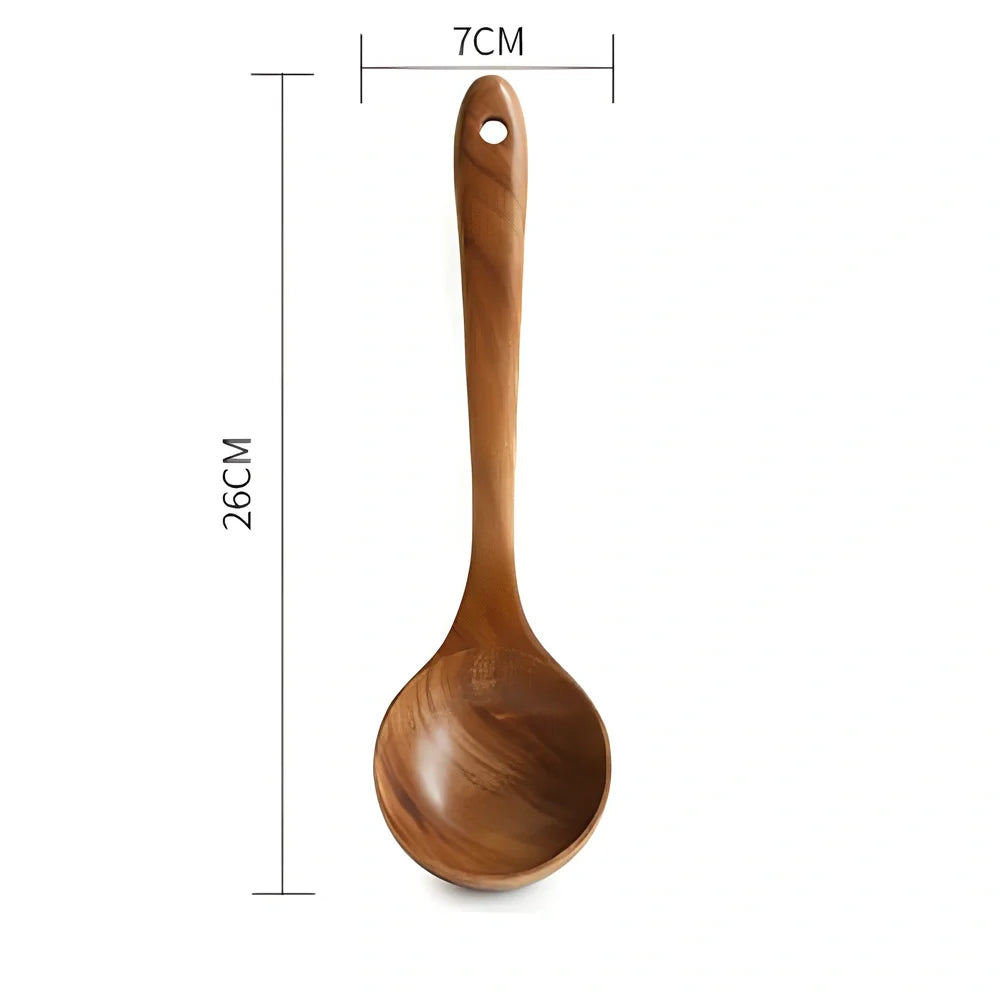 Teak wood kitchen utensil set with five tools including frying shovel, rice spoon, and soup spoons