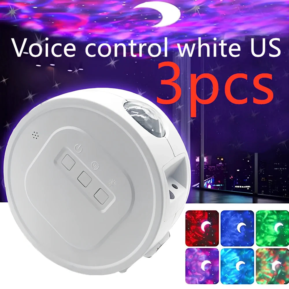 USB star projection light with voice control showing rotating mechanism and star pattern projection