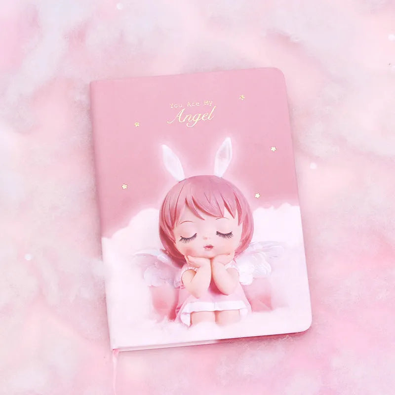 Pink flower fairy design notepad with PU leather cover, showing size and 85 pages