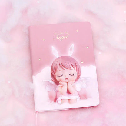 Pink flower fairy design notepad with PU leather cover, showing size and 85 pages
