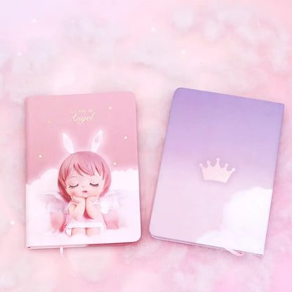 Pink flower fairy design notepad with PU leather cover, showing size and 85 pages