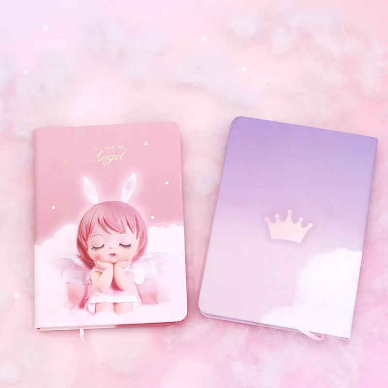 Cute creative flower fairy handbook notepad with PU leather cover, 85 pages of writing paper, measuring 13cm by 18cm by 1.5cm, available in pink and purple colour options