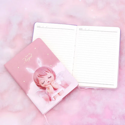 Pink flower fairy design notepad with PU leather cover, showing size and 85 pages