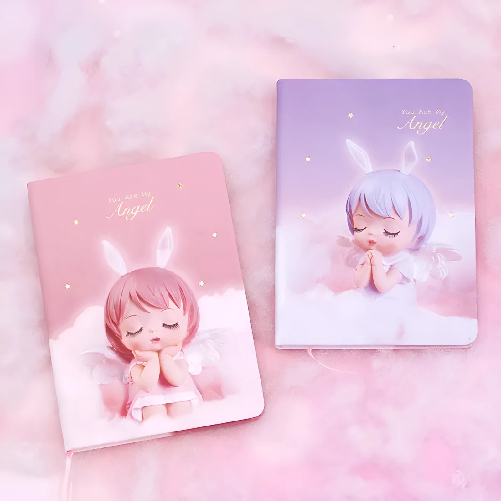 Pink flower fairy design notepad with PU leather cover, showing size and 85 pages