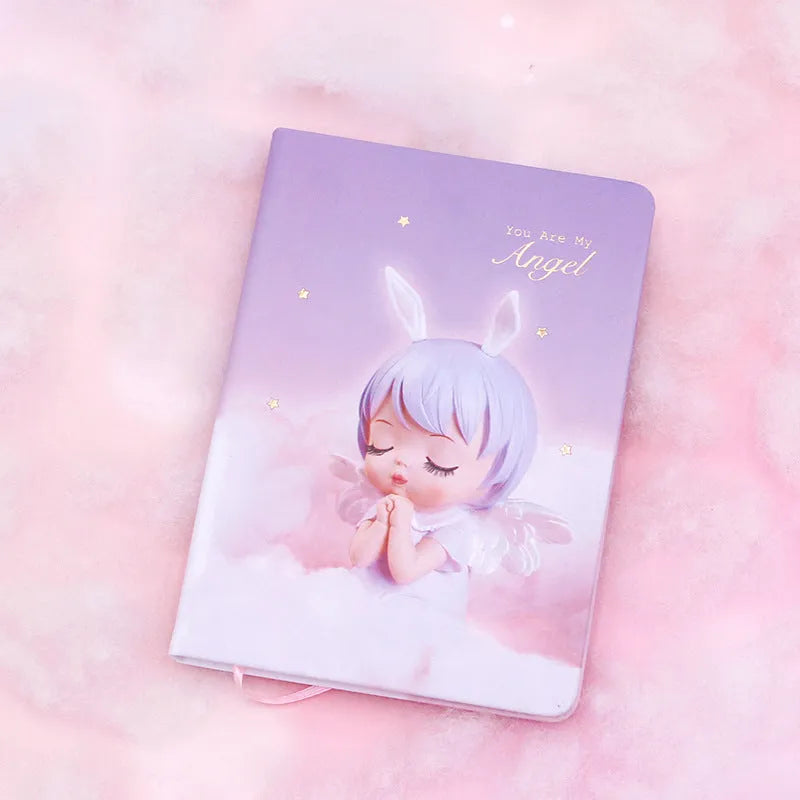 Pink flower fairy design notepad with PU leather cover, showing size and 85 pages