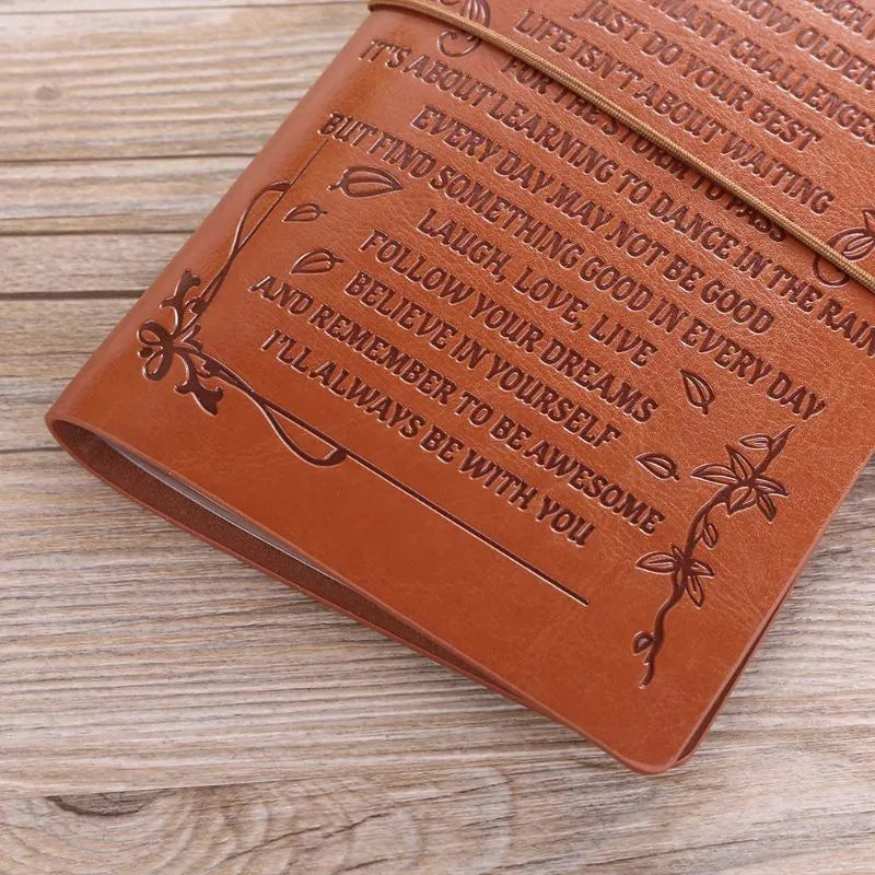 Leather cover business notebook with strap binding, open on warm brown acid-free paper.