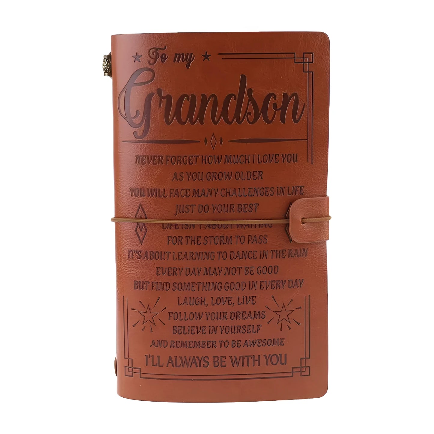 Leather cover business notebook with strap binding, open on warm brown acid-free paper.