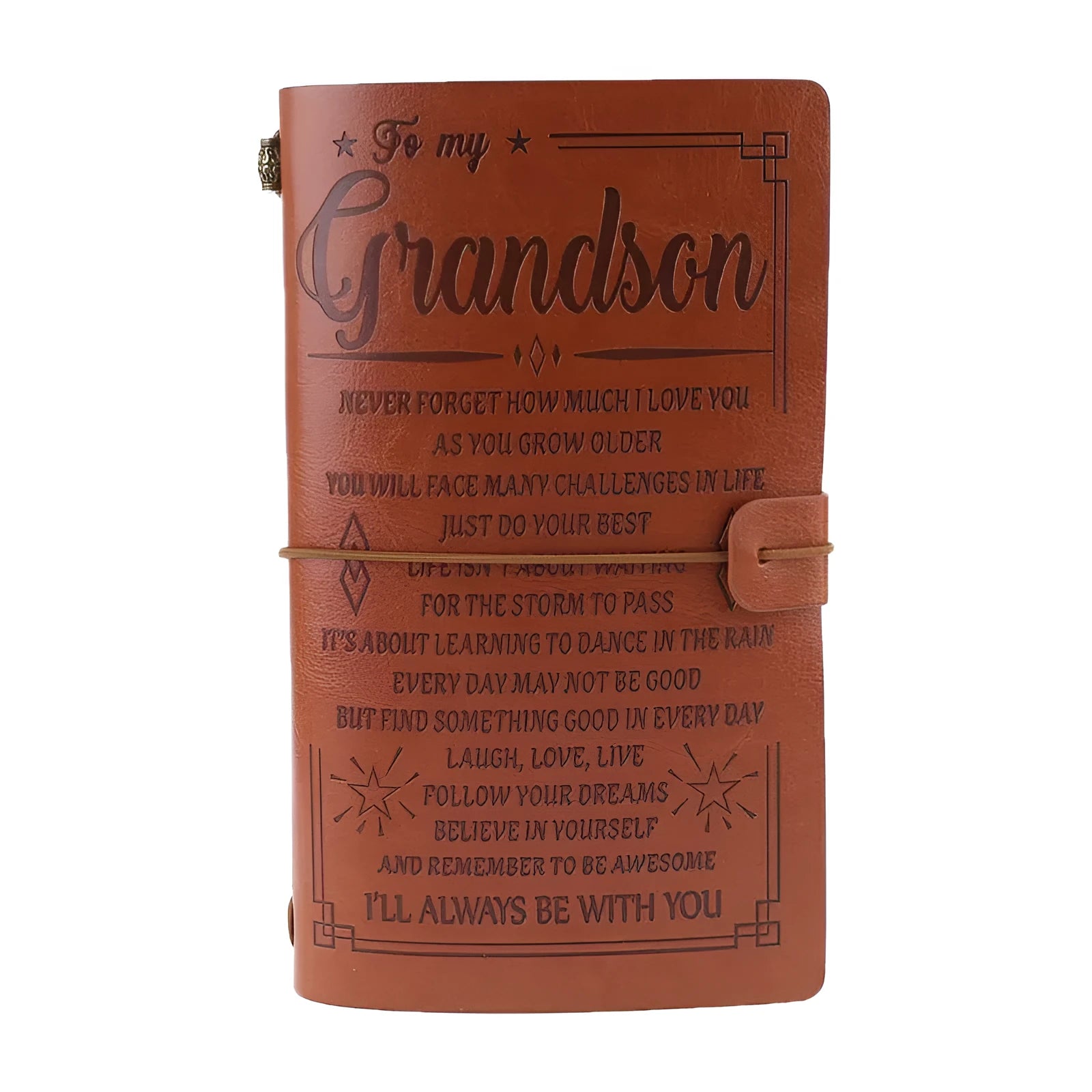 Leather cover business notebook with strap binding, open on warm brown acid-free paper.