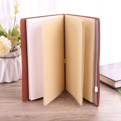 Leather cover business notebook with strap binding, open on warm brown acid-free paper.