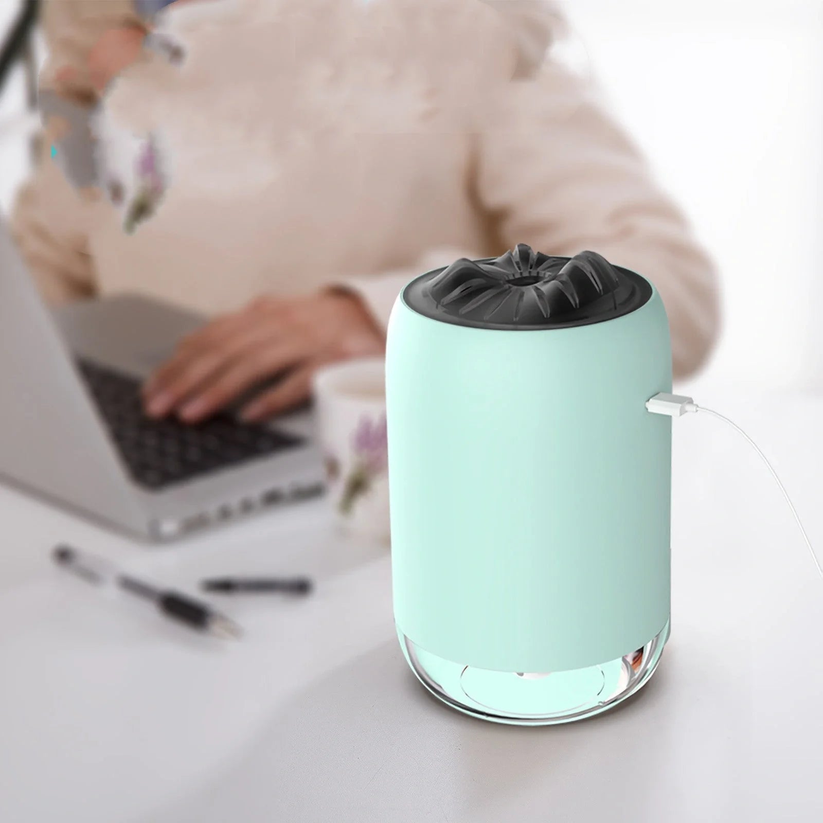 Magic Flame Humidifier in white, light blue, and pink - compact ultrasonic aroma diffuser for small spaces