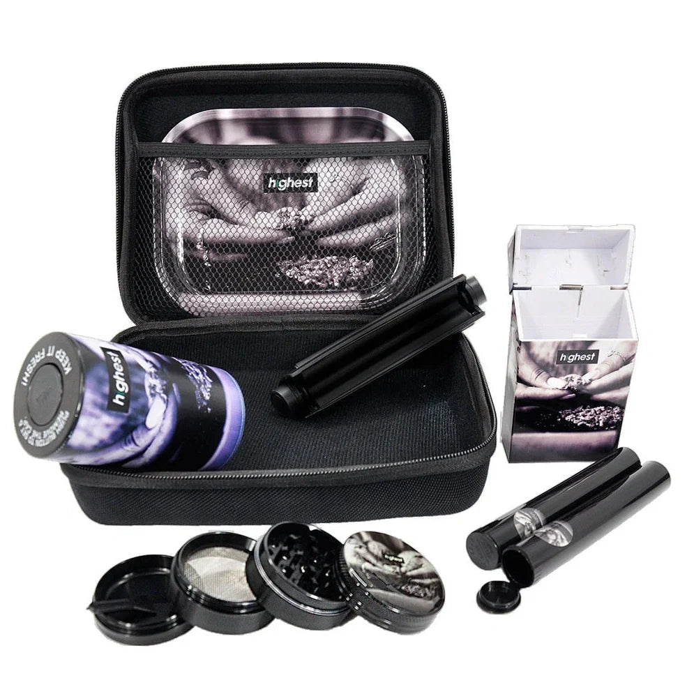 Multi-functional smoking set with windproof tray, grinder, storage tank, power bank and currency detector lamp