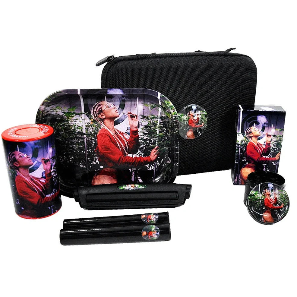 Multi-functional smoking set with windproof tray, grinder, storage tank, power bank and currency detector lamp