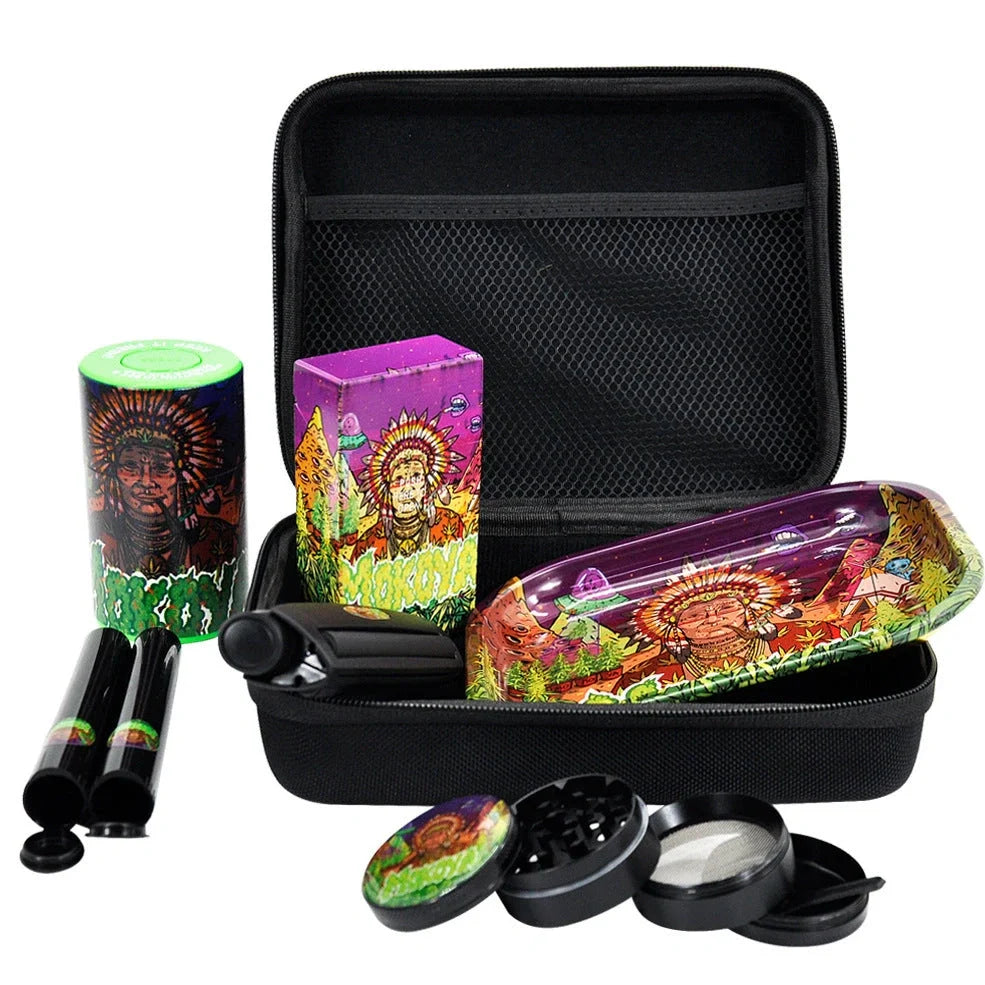 Multi-functional smoking set with windproof tray, grinder, storage tank, power bank and currency detector lamp